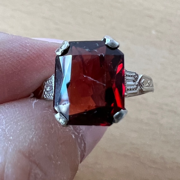 OSTBY BARTON ANTIQUE ART DECO 14K WHITE GOLD EMERALD CUT GARNET RING HALLMARKED